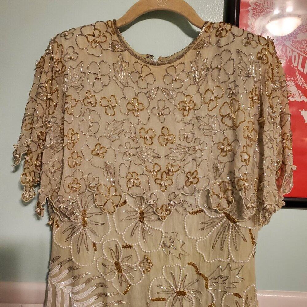 Vintage 1970s Retro Green Silk Floral Palm Leaf Gold Beaded Maxi Dress - Picture 3 of 15